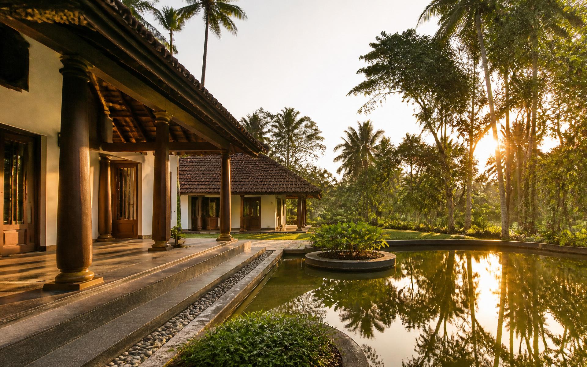Tarini’s Kalapura at golden hour — veranda, pond and greenery